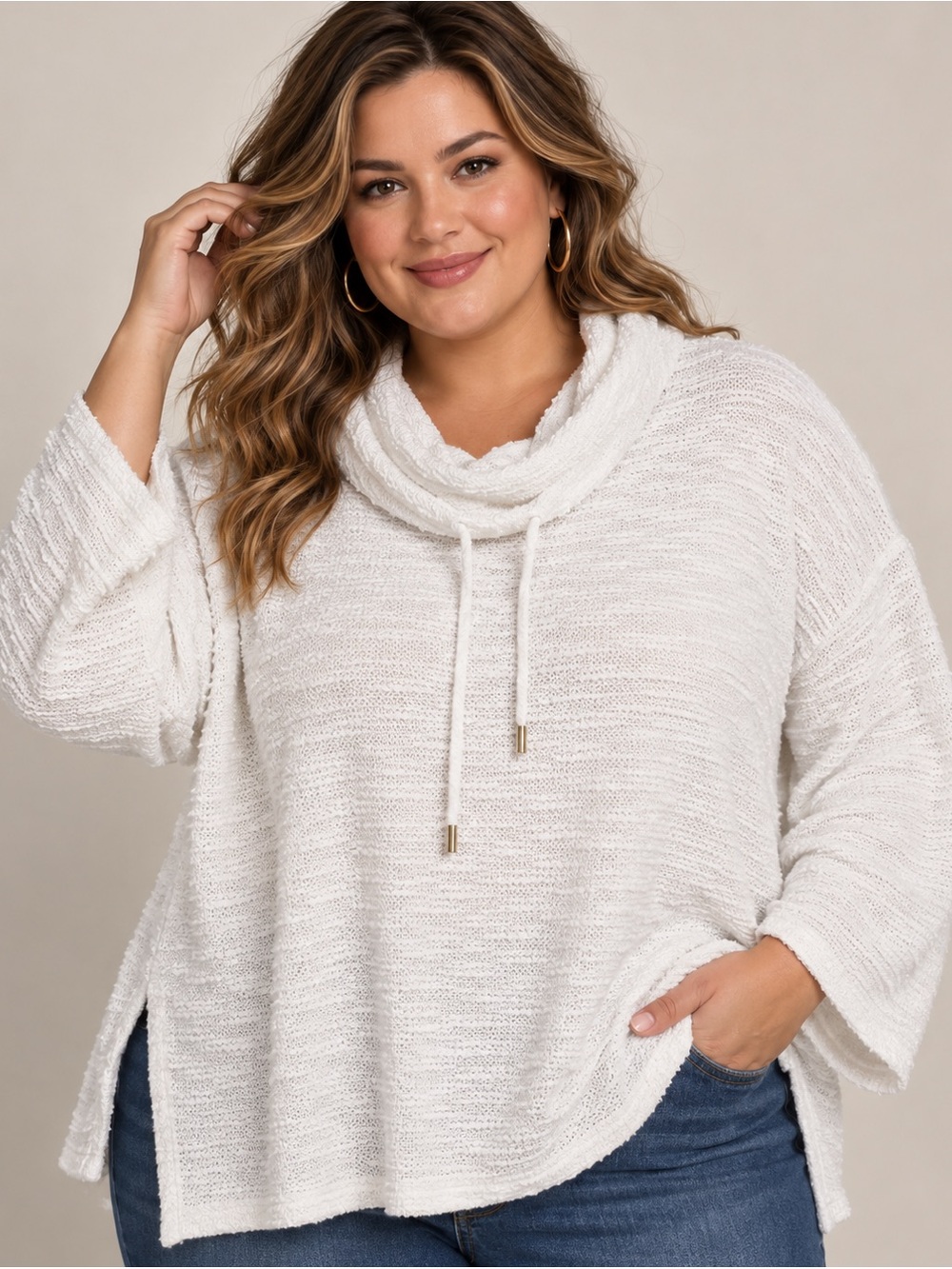 Jones New York Signature White Cowl Neck Pullover Sweater Top 1X Cotton Blend